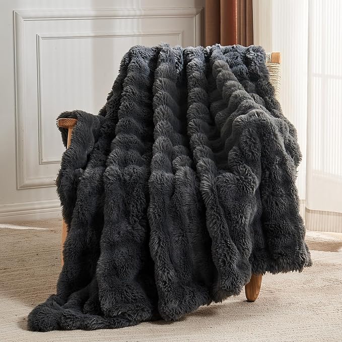 Lotus Karen Faux Fur Blanket Dark Gray Twin Size - Big Bubble Rabbit Fluff Throws for Couch Small Fluffy Fuzzy Cozy Thick Furry Plush Shaggy Blankets 60x80 Inches