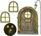 Fairy Door and Windows – Glow in The Dark Yard Art Sculpture Decoration for Kids Room, Wall and Trees Outdoor | Miniature Garden Outdoor Decor Accessories with Bonus Fairy Lantern