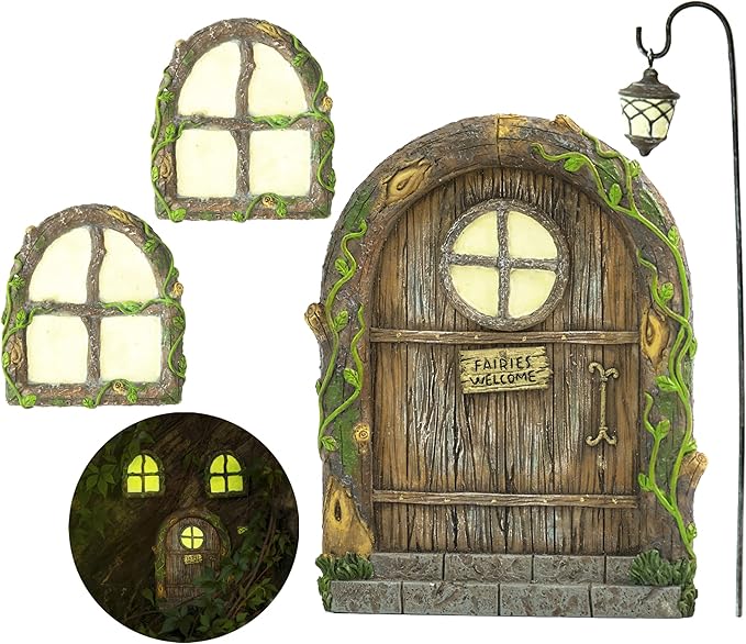 Fairy Door and Windows – Glow in The Dark Yard Art Sculpture Decoration for Kids Room, Wall and Trees Outdoor | Miniature Garden Outdoor Decor Accessories with Bonus Fairy Lantern