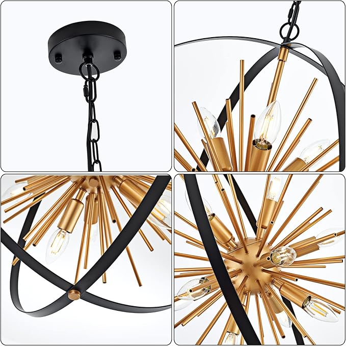 23.2'' Black Gold 12-Light Globe Sputnik Chandelier Modern Industrial Adjustable Hanging Ceiling Firework Pendant Light Fixture for Entryway Foyer Bedroom Dining Living Room Hallway