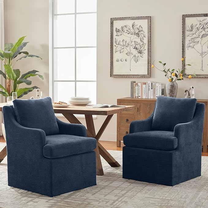 VKNOW Upholstered Dining Chairs, Modern Kitchen Chairs Dinner Chairs with 4 Casters, Linen Armchair for Bedroom Reading Room Living Room, Navy