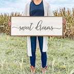 Sweet Dreams Wall Decor Above Bed 40''×15'' Master Bedroom Large Sweet Dreams Sign Farmhouse Wall Decor Guest Room Wood Rustic Framed Over Bed Wall Art Hanging Decoration (Wood White)