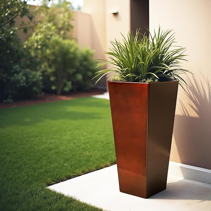 WORTH Garden 25" Large Metal Glazed Planter Set of 2, Luxurious Glossy Finish Red Tall Square Tapered Steel Plant Pots, Decor Flower Pot Indoor & Outdoor, Drainage Hole & Dual-Purpose Plant Saucer