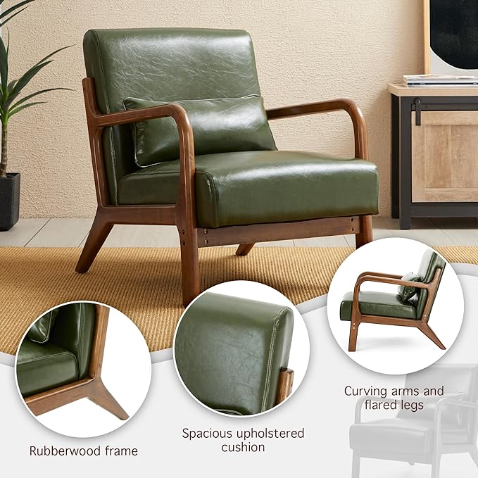 Glitzhome 2 Set Mid Century Hunter Green Accent Armchair, Single Reading Armchair PU Leather Lounge Chair with Walnut Ruberwood Frame