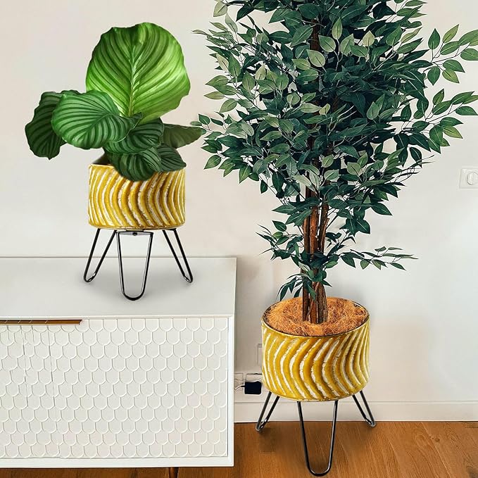 Harvest Land Plant Pots with Stand, Set of 2 Large Modern Planters Metal Tall Handmade Flower Pots with Drainage Holes Indoor Outdoor,Gold