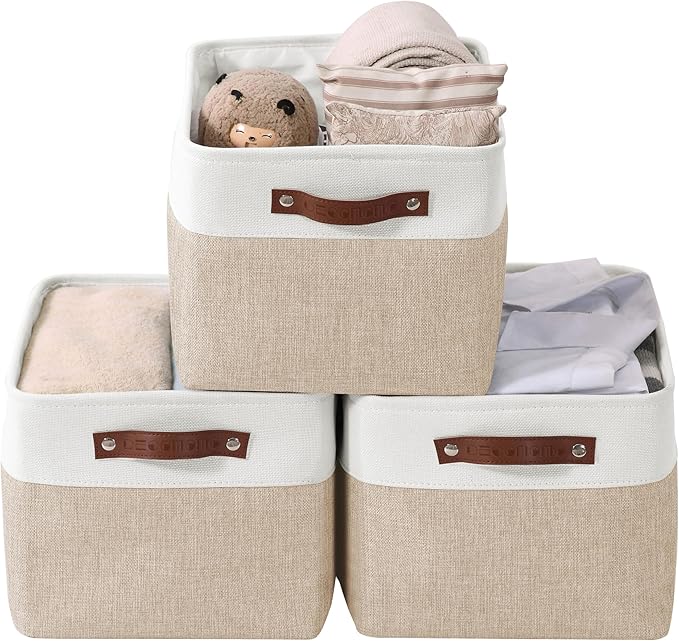 DECOMOMO Storage Bins Fabric Storage Baskets for Shelves, Linen Closet Organization Toys Nursery (Beige and White, Large - 3 Pack)