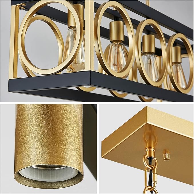 XINGQI Modern Rectangle Chandelier, Farmhouse Kitchen Island Lighting Rustic Industrial Hanging Light Fixture 4-Light Metal Linear Pendant for Dining Room Living Room Hallway, Black and Gold