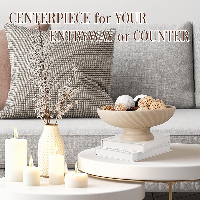 Large Resin Pedestal Decorative Bowl - Modern Fruit Bowl for Kitchen Counter - Handicraft Bowls for Home Decor - Key Bowl for Entry Table,Artificial Stone Beige