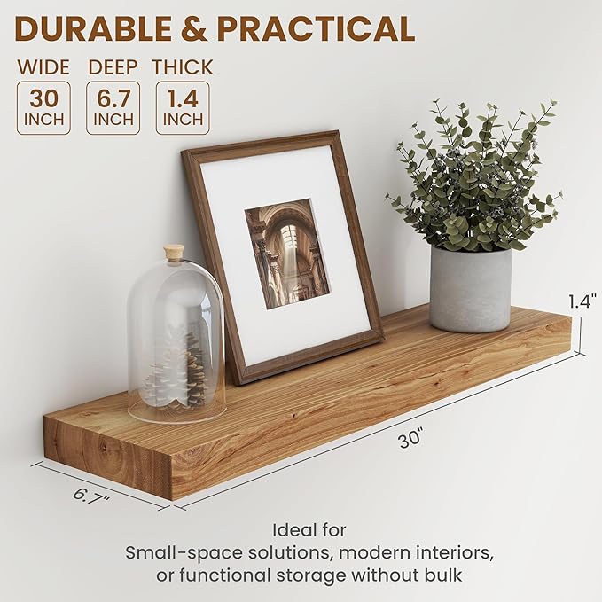 Rustic 30" Floating Shelves, Real Elm Wood Floating Shelf for Wall, Heavy-Duty Wall Shelves for Books, Wooden Floating Shelves with Invisible Bracket for Bathroom, Kitchen, Natural Color, Set of 2