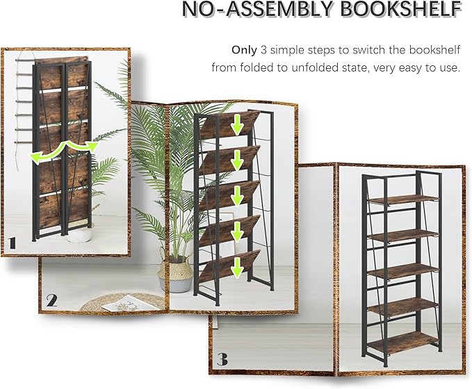 4NM No Assembly Foldable Bookshelf, 5-Shelf Collapsible Bookcase Storage for Small Spaces, 62.2" H, Rustic Brown and Black