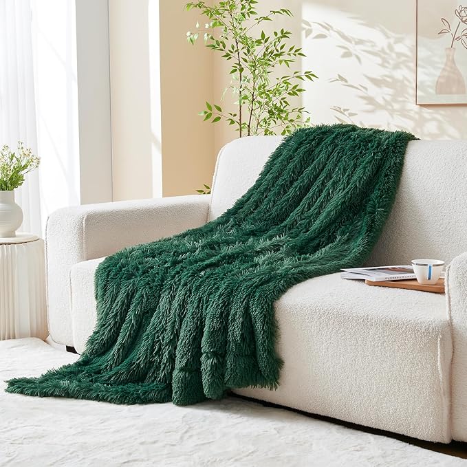 GONAAP Fuzzy Faux Fur Throw Blanket Twin Size Dark Green Super Soft Cozy Plush Fuzzy Shaggy Blanket for Couch Sofa Bed (Dark Green, Twin(60"x80"))