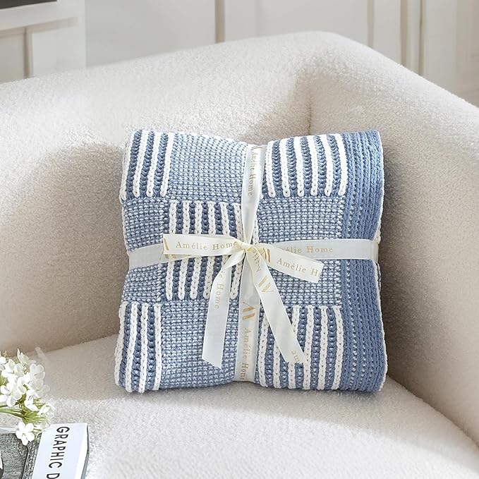 Amélie Home Chenille Knit Throw Blanket for Couch, Checkered Texture Decorative Soft Blanket for Sofa, Bed & Living Room, 50"x60", Blue & White