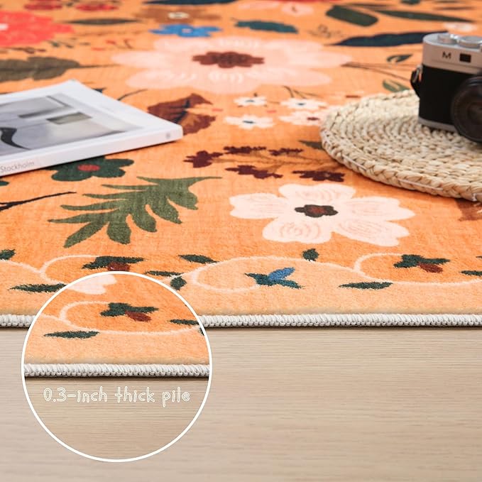 Round Rug 4ft Washable Circle Rug Non Slip Low Pile Boho Floral Small Circular Rug for Bedroom, Bathroom, Entryway, Kids Room, Office, College Dorm(Yellow)