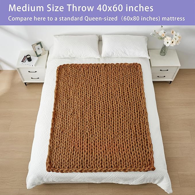 Bigacogo Chunky Knit Throw Blanket for Couch, 40x60 inches, 100% Hand Knitted with Thick Jumbo Chenille Yarn, Cozy Soft Large Rope Knot Cable Crochet Blankets for Sofa Bed Living Room, Caramel