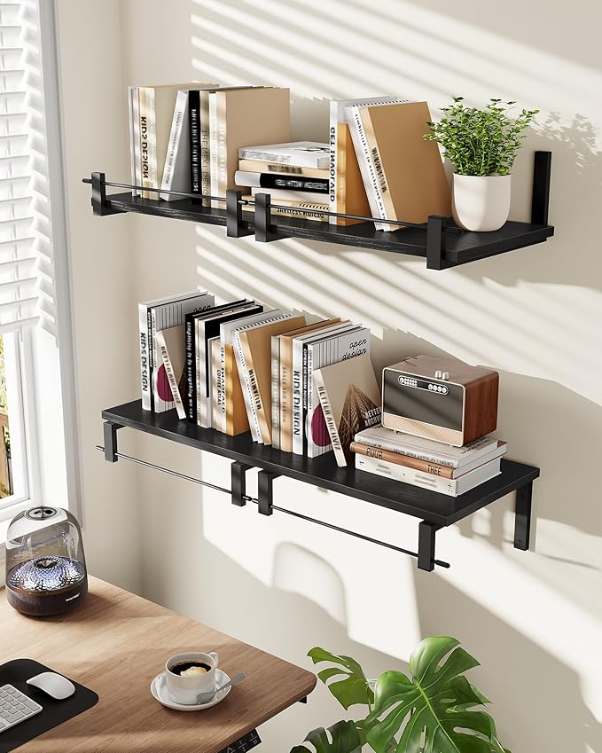 Deep Floating Shelves for Wall, 12 inch Wall Mounted Shelves Set of 2, Wide Floating Shelves for Living Room, Bedroom, Study, Bathroom, Black TBJ02P2BB
