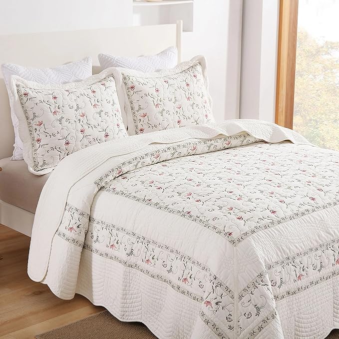 MarCielo 3-Piece 100% Cotton Oversized Bedspread Lightweight Quilt Coverlet Embroidery Farmhouse Bedding Set (TC Soft White,Oversized Queen (100"x106"))