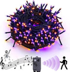 Rotu Halloween String Lights Outdoor with Music Sync Spooky Sounds 300 LED 114.8ft Indoor Fairy String Lights Waterproof Function for Halloween Party Haunted House Decorations (Purple & Orange)