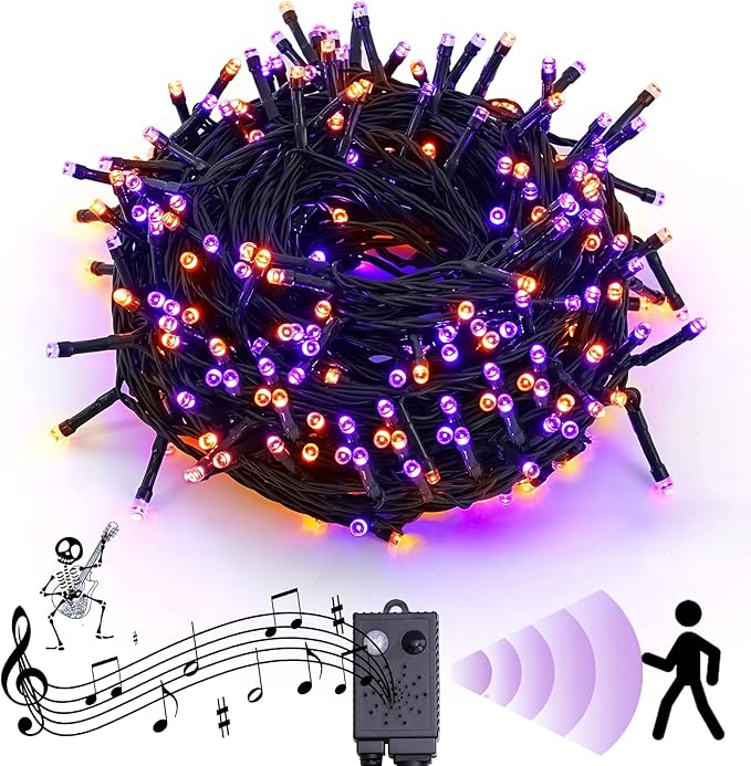 Rotu Halloween String Lights Outdoor with Music Sync Spooky Sounds 300 LED 114.8ft Indoor Fairy String Lights Waterproof Function for Halloween Party Haunted House Decorations (Purple & Orange)