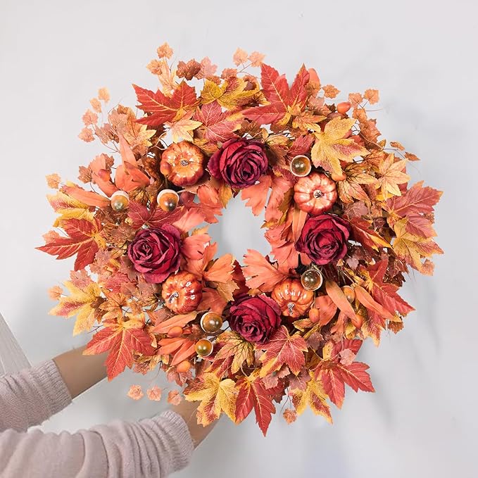 26'' Large Fall Wreath for Front Door, Autumn Wreaths for Outdoor Home Decor - Farmhouse Wreath with Maple Leaves, Pumpkins, Roses, Thanksgiving Decoration, Rustic Harvest Festival Door Hanging