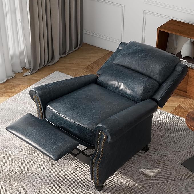 UIXE Pushback Recliner Chair, Faux Leather Armchair Overstuffed Accent Chair for Living Room, Rivet Trim Club Chair Home Theater Single Sofa Bedroom Side Reading Seat - Navy Blue