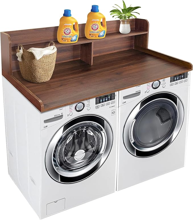 Royxen Laundry Countertop with 2-Tier Shelf Universal Fit, Washer and Dryer Countertop with Storage Space, Shelf Height 11.5 Inches, Walnut Color