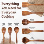 PriorityChef Premium Wooden Spoons for Cooking - 8pc Smooth Finish Teak Utensil Set with Hanging Hooks, Heat-Resistant & Nonstick Safe, Ideal for Gifting