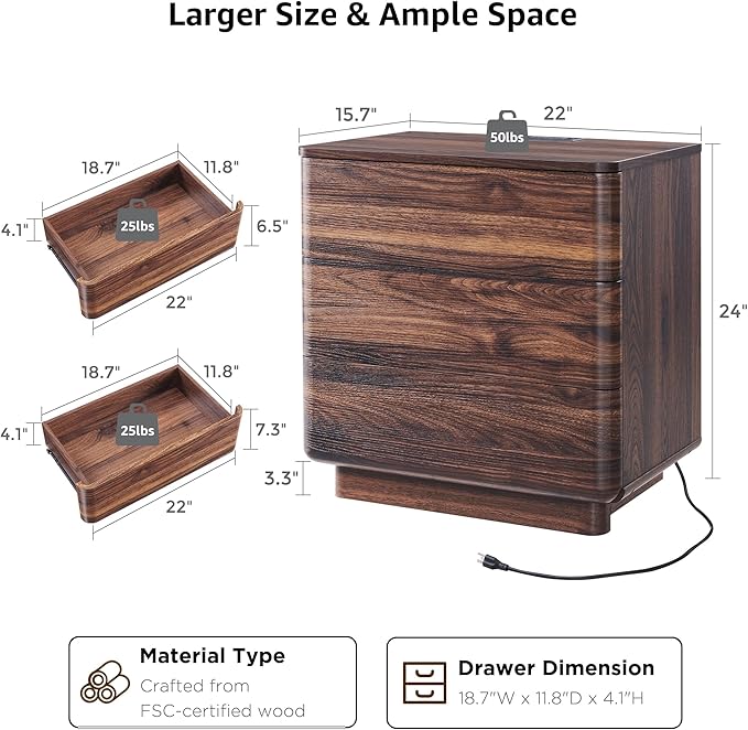 JXQTLINGMU 22" Modern Nightstand with Charging Station, Large Push-to-Open End Table, Wood Bedside Table w/Curved Profile Design, Handleless 3 Drawer Night Stand for Bedroom, Living Room, Brown
