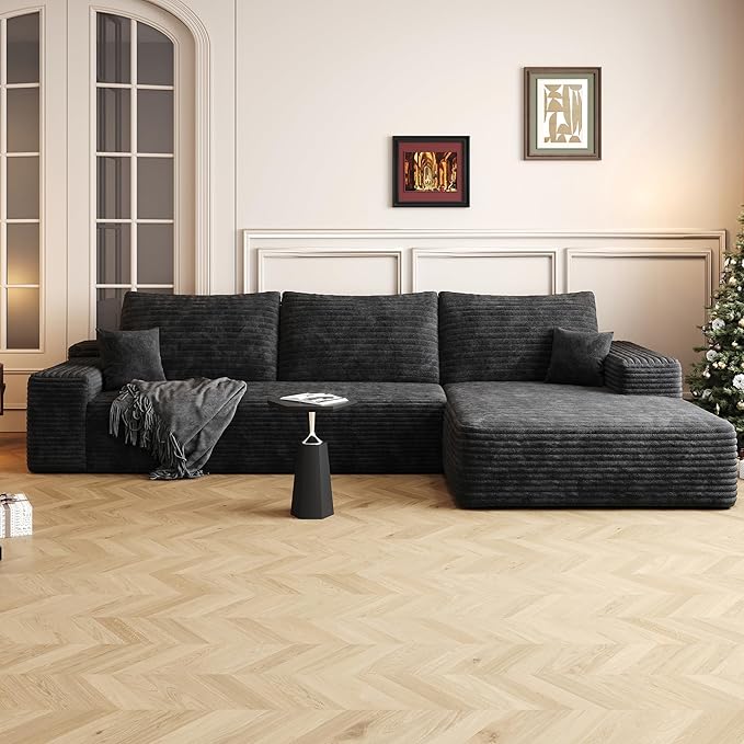 108" Sectional Couches for Living Room Modern Modular Sofa with L-Shape Couchs Upholstered Boneless Couch Deep Seat Sectional Couch with Chaise (Black, Right Facing Chaise+2Seaters)