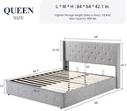 Allewie Queen Size Lift Up Storage Bed, Button Tufted Headboard with Wingback, Hydraulic Support, No Box Spring Needed, Light Grey