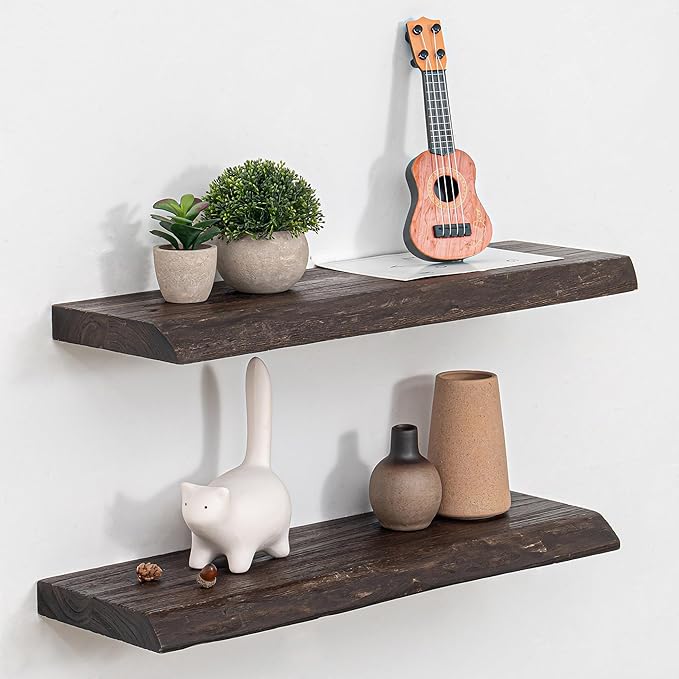 Fun Memories Floating Shelves for Wall, 24 Inhc Floating Shelves Wall Mounted, Rustic Live Edge Elm Wood Shelf, Heavy-Duty Storage Shelves for Books, Bathroom, Kitchen, Walnut Finish, Set of 2