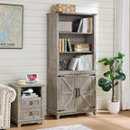 70in Tall Bookshelf 5 Tier Bookcase with Barn Doors and Adjustable Shelves, Grey Farmhouse Book Shelf with Storage Cabinet, Wood Freestanding Display Bookshelves for Bedroom, Living Room