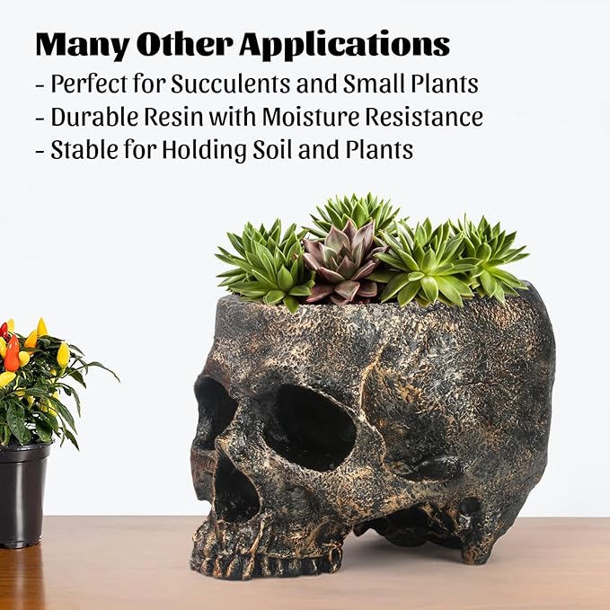 7lb Capacity Extra Large Halloween Skull Candy Dish - Deep Skull Head Halloween Candy Bowl Holder Artificial Resin Skulls Decor Indoor Outdoor Table Centerpieces Flower Pot Plant Office Pen Holder
