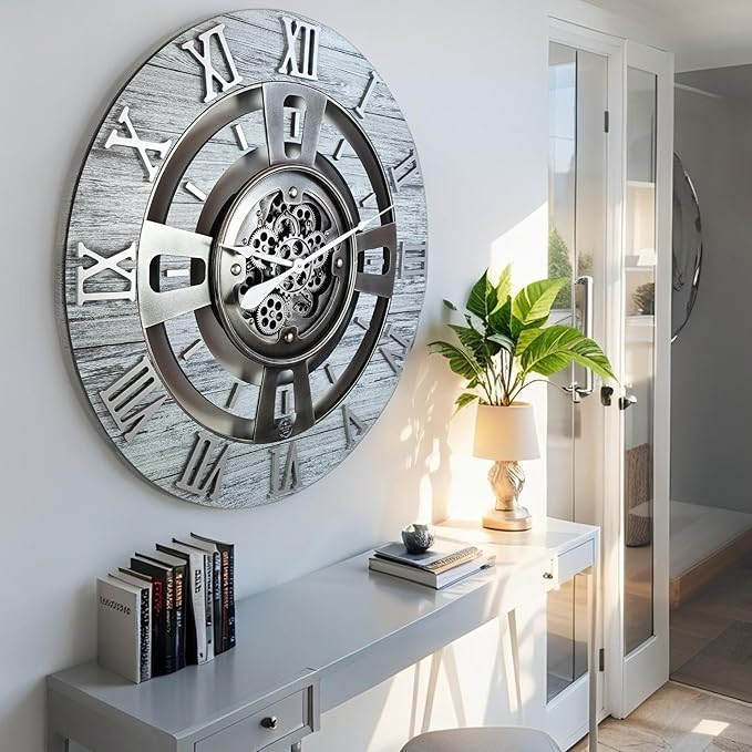 The Gears Clock Real Moving Gear Wall Clock England Line (Silver Grey, 24 inches (60 cm))
