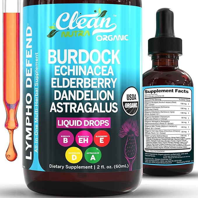 Organic Lymphatic Drainage Supplement | Lymphatic Support Drops | Burdock Root Echinacea Elderberry Dandelion Astragalus Milk Thistle Sea Moss Red Clover Cleanse Marigold Drop by Clean Nutra