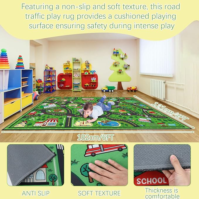 Kids Carpet Playmat Rug 4 x 6 ft Player Car Rug, City Life Traffic Road Map Mat Educational Game Area Mat for Toddler Children Playroom Classroom Bedroom(Green)