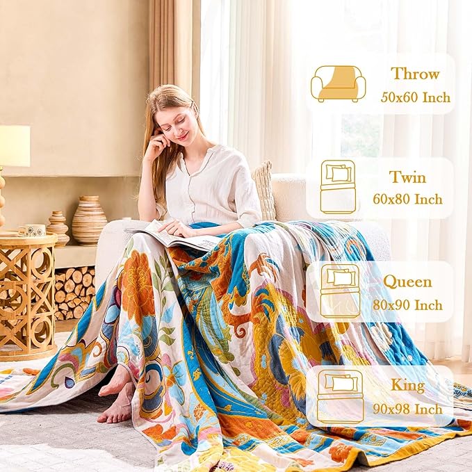 Boho Throw Blanket, Lightweight Blankets for Summer, 100% Cotton Bohemian Decorative Throw Blanket, 60"x80" Reversible Muslin Breathable Woven Farmhouse Blankets Quilt,