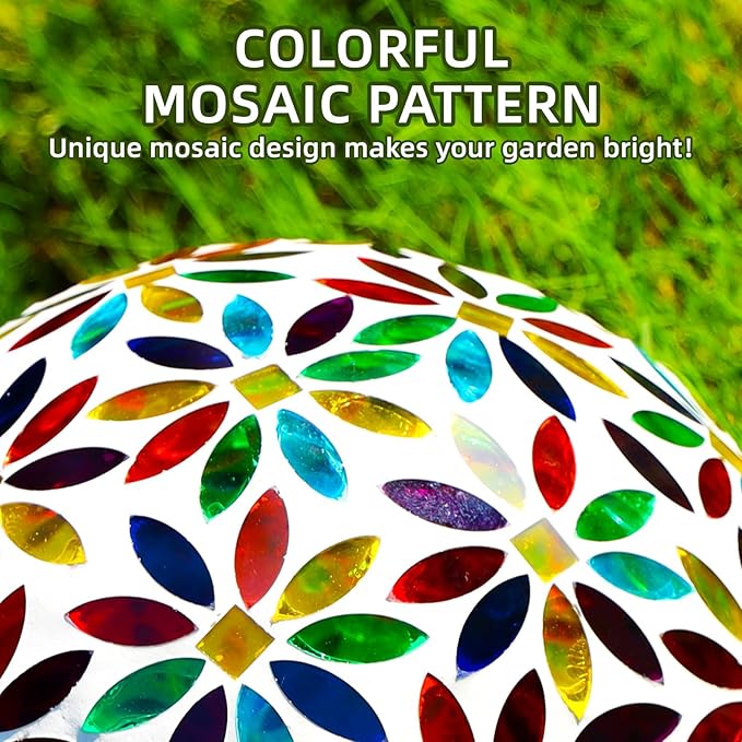 VOREEN Mosaic Glass Gazing Ball Outdoor Gazing Globe, Reflective Ball Yard Decoration for Homes, Patio, Lawn and Gardens, Gift for Mom Wife Friend, 10-Inch, Multi Colored Flowers Design