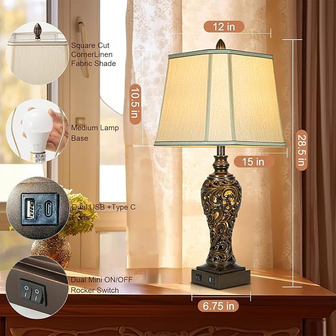 28.5" high Vintage Brown Table Lamps Set of 2 - Bedside Lamp with Faux Silk Shades - for Bedroom and Living Room with USB and Nightlight - Perfect for Nightstands and Bedrooms (Bulb Included)