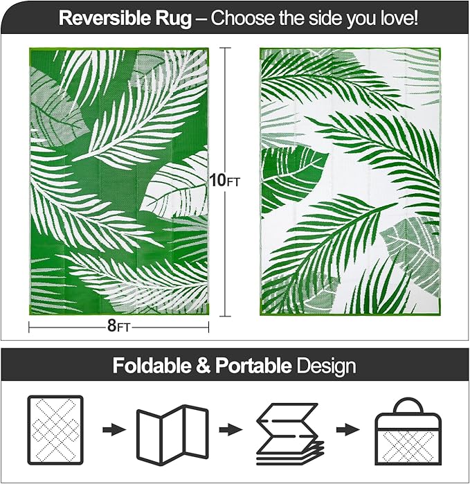Waterproof Outdoor Rug 8x10ft, Green Leaf Reversible Plastic Straw Mat for Patio RV Deck Porch Backyard Balcony Camping Picnic Beach Indoor Outdoor Carpet, Green&White