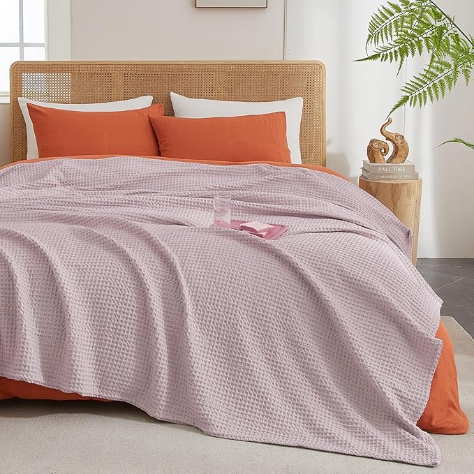 PHF Ultra Soft Waffle Weave Blanket King Size 104"x 90"- Washed Lightweight Breathable Cozy Woven Blanket for Bed - Aesthetic Decor for Couch Bedding Sofa Home Car - Dusty Rose