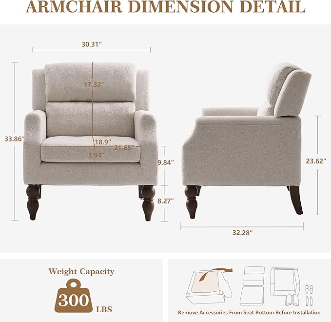 Kidol & Shellder Beige Oversized Accent Chair for Living Room Mid Century Modern Reading Chair with Back Wide Upholstered Comfy Single Sofa Chair for Bedroom Lounge Side Corner Boucle Fabric Armchair