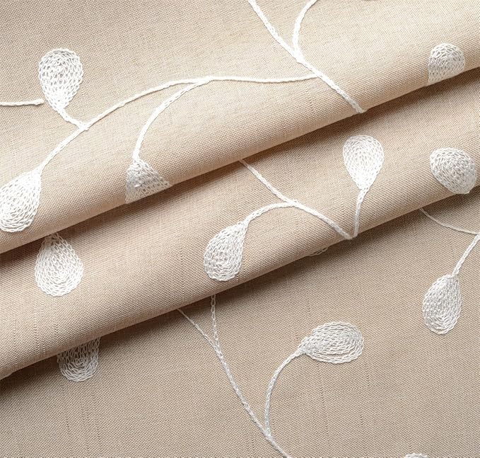 MIUCO Floral Embroidered Semi Sheer Curtains Faux Linen Grommet Curtains for Kitchen 52 x 84 Inch 2 Panels, Linen