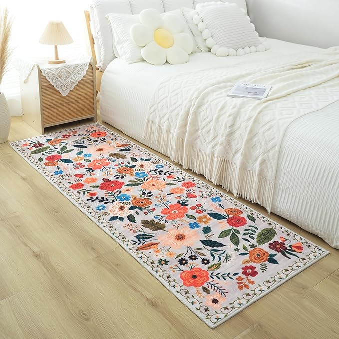 Runner Rug for Hallways Kitchen Rug Non Slip 2'x 6' Washable Rugs with Rubber Backing Soft Floral Carpet Runner for Hallways, Kitchen, Laundry, Bedroom, Bathroom(Beige)