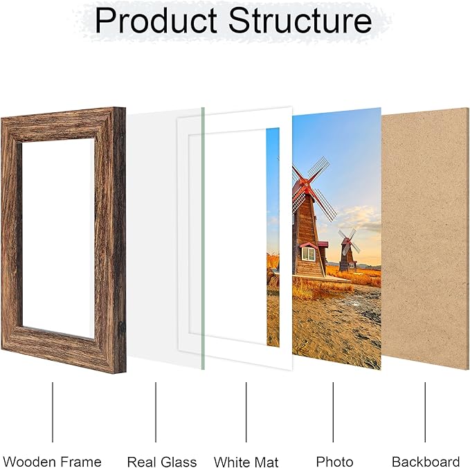 5x7 Picture Frame Set of 4, 5 x 7 Wood Photo Frames with Mat for 4x6, Natural Wooden Frame with Real Glass Cover for Wall and Tabletop Display,Rustic Brown