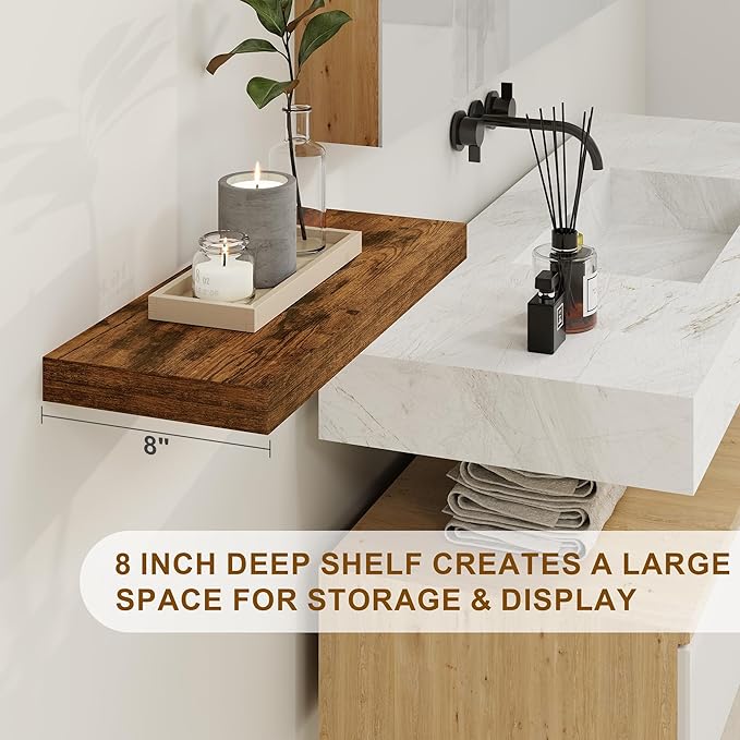 Floating Shelves, 8 Inch Deep Floating Shelves, 24"W x 8"D Wall Shelves Set of 2, Rustic Wood Floating Shelf for Home Decor, Deep Storage Shelves for Kitchen, Bedroom, Living Room, Rustic Brown