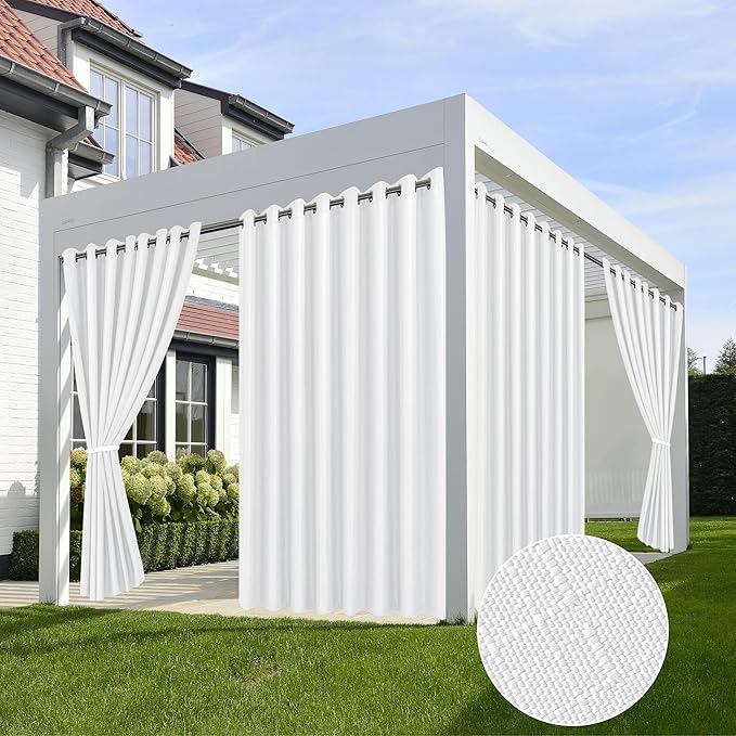 HolidayIdeas 4 Panels Linen Outdoor Curtains for Patio Waterproof White Curtain Panels 95 Inch Length-Wide Weatherproof, Privacy, Outside Curtains for Pergola, Porch, Gazebo-110 Wide x 95" Long
