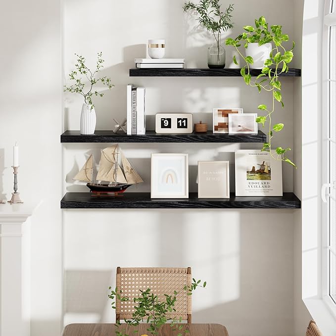 40 Inch Floating Shelves Black, 40" W x 9" D Floating Shelf Set of 2, Farmhouse Wood Wall Shelves for Bedroom, Kitchen, Wall Mounted Deep Shelving for Home Decor