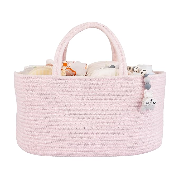 Large Baby Diaper Caddy Organizer for Girl Boy Rope Nursery Storage Bin Basket Portable Holder Tote Bag for Changing Table Car Travel Baby Shower Gifts Newborn Essentials Registry Must Haves Pink