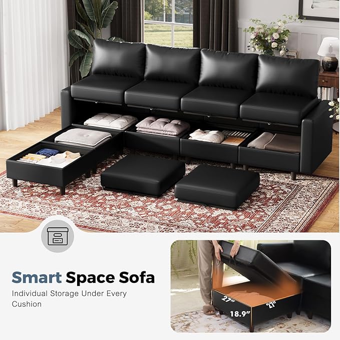 Faux Leather Single Sofa with Storage Ottoman, Modern Accent Chair Deep Seat Large Reading Armchair, Chaise Lounge Chair for Living Room Bedroom Office Black