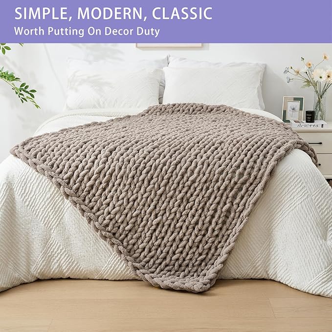 Bigacogo Chunky Knit Throw Blanket for Couch, 40x60 inches, 100% Hand Knitted with Thick Jumbo Chenille Yarn, Cozy Soft Large Rope Knot Cable Crochet Blankets for Sofa Bed Living Room, Taupe